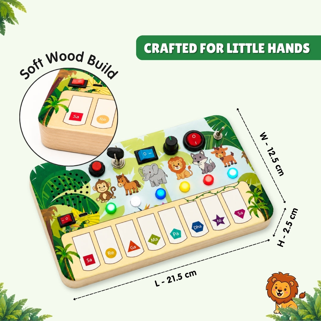 Montessori Jungle Piano-V10: 5-in-1 Wooden Musical Busy Board for Toddlers