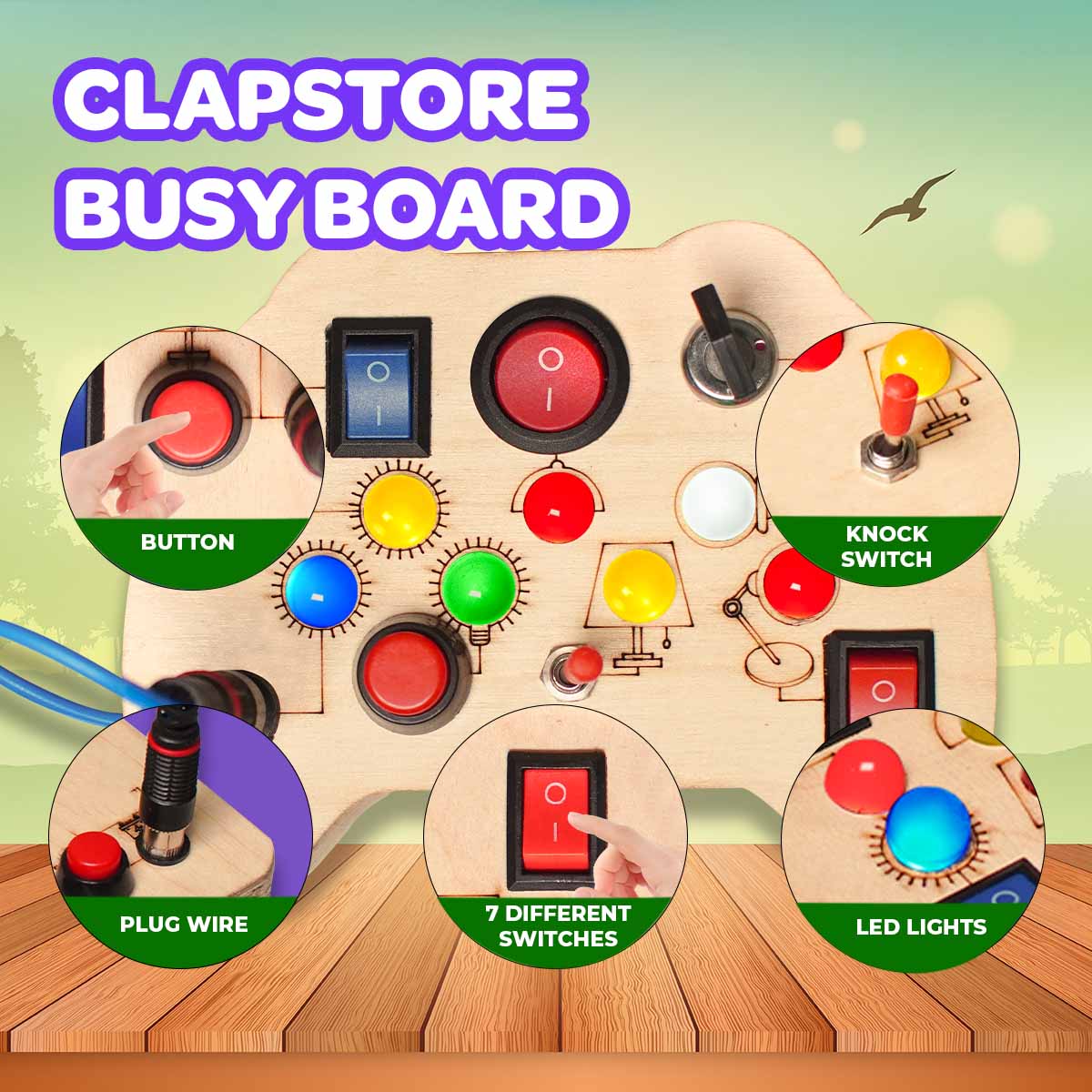 Close-up of metal toggle switch on the Tinker Pad Montessori busy board