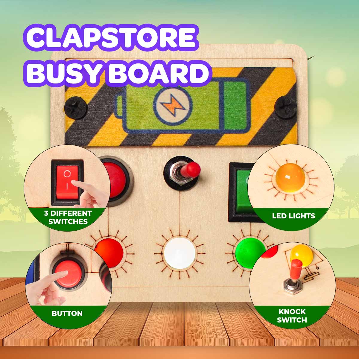 Close-up of the switches and buttons on the Toddler Montessori Portable Switches Busy Board Mini Version, highlighting the interactive elements.
