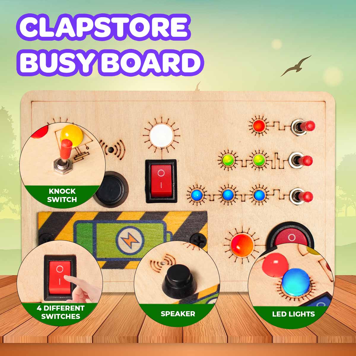 Creative toys for kids: close-up of three colored toggle switches on the wooden busy board