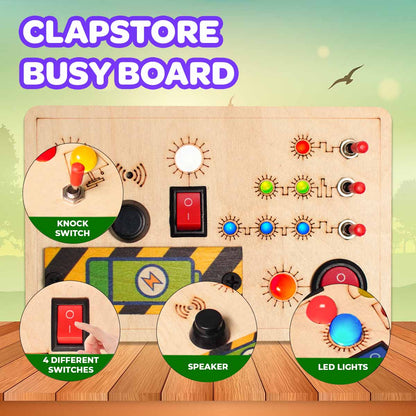 Creative toys for kids: close-up of three colored toggle switches on the wooden busy board