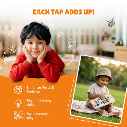 A boy smiling beside the Beat Maker board, with a second photo of a child playing with it outdoors