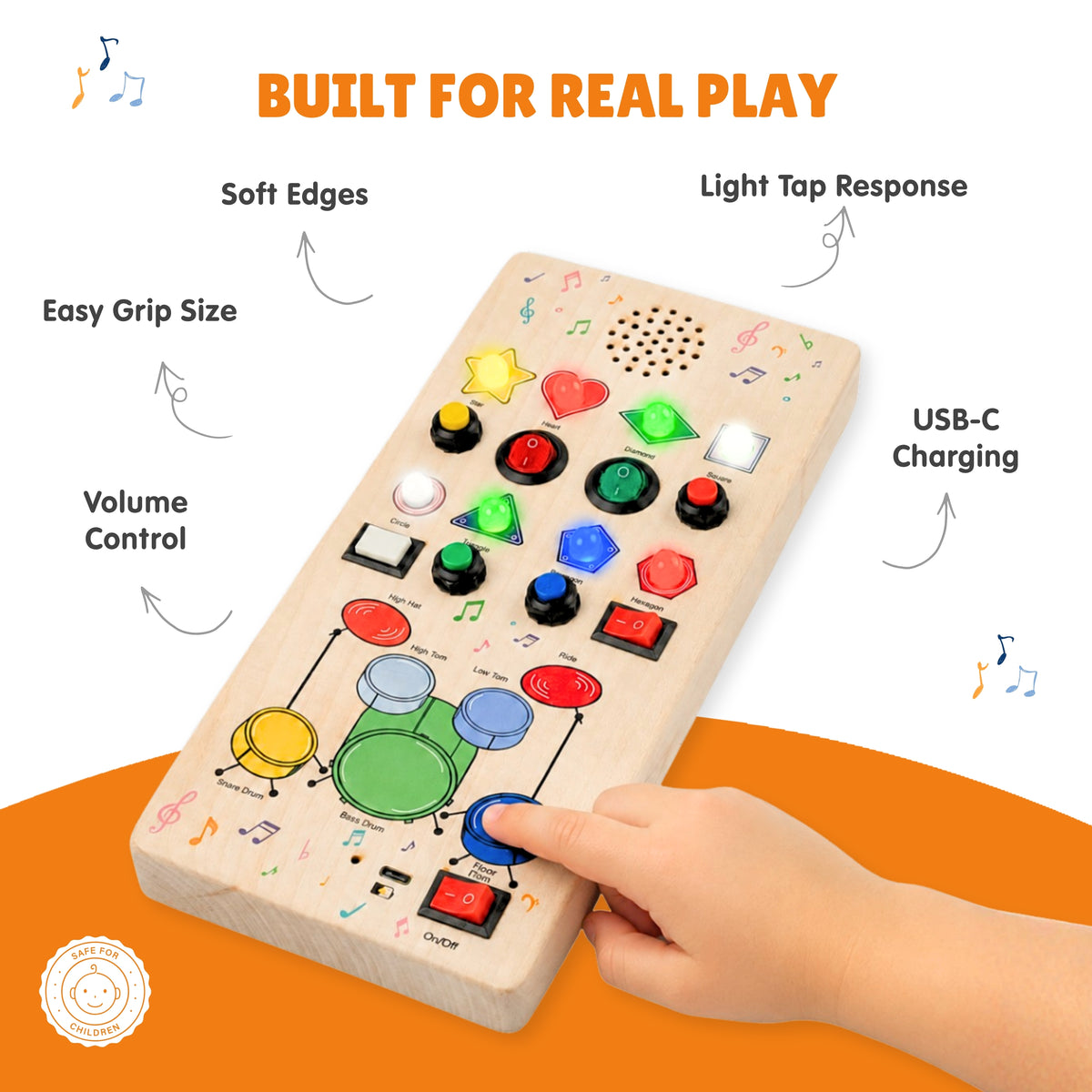 The Beat Maker board labelled with its features: soft edges, easy grip size, volume control, light tap response and USB-C charging
