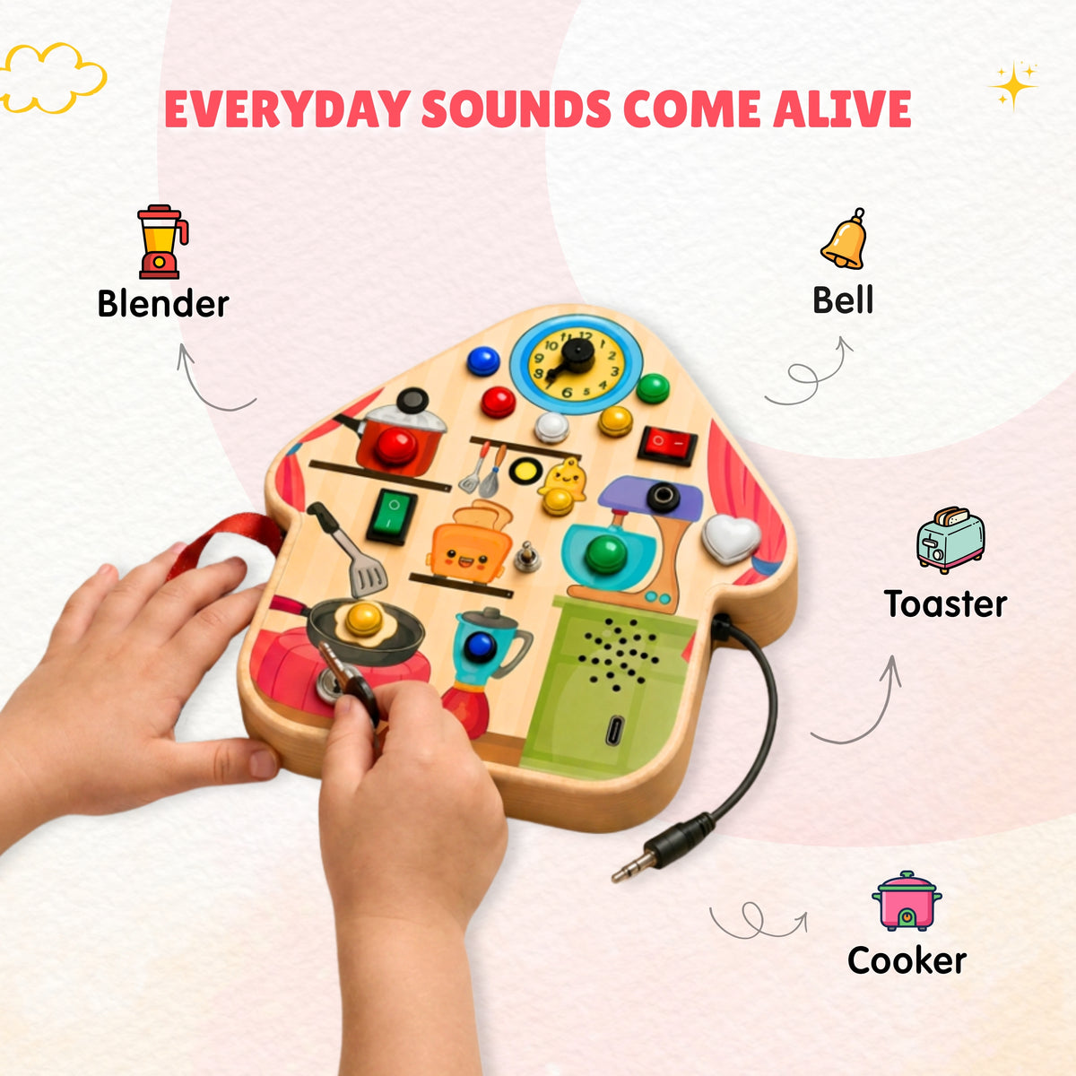 Children's wooden toy with sound buttons labeled 'Blender', 'Bell', 'Toaster', and 'Cooker' on a light pink background.