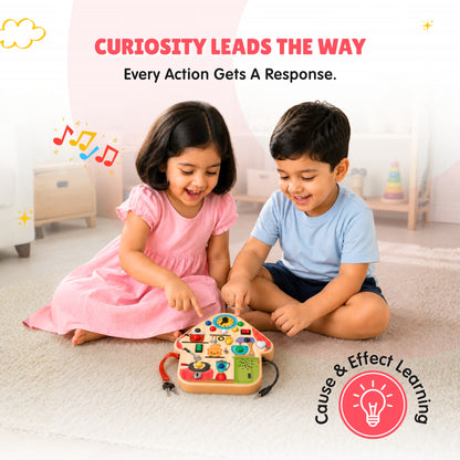 Two children playing with a toy in a room with educational text and graphics.