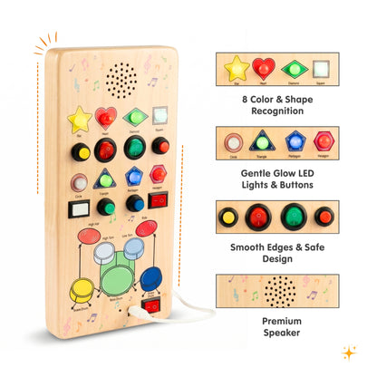 The board beside close-ups of its lit shape row, LED buttons, switch row and speaker grille