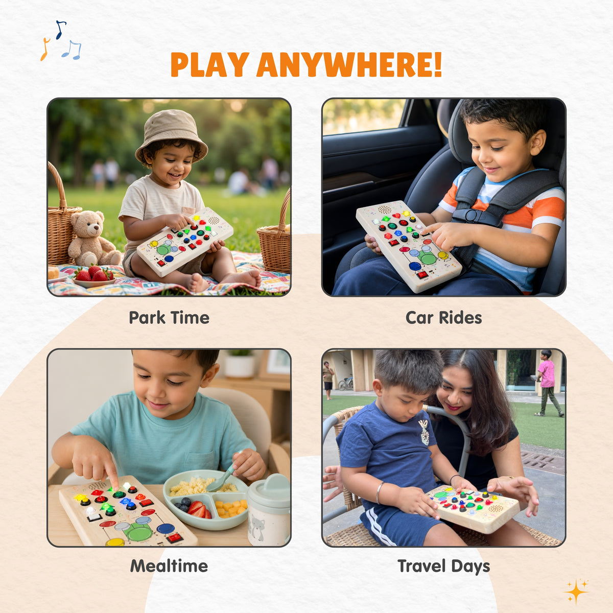 Four photos of the board in use at a park, in a car, at mealtime and on a travel day