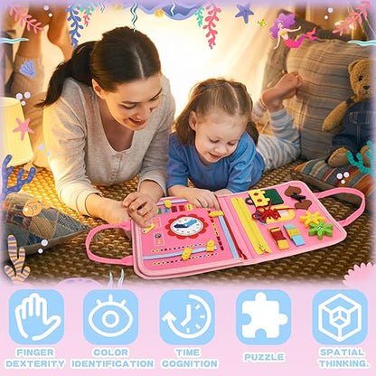 Montessori Pink Busy Book parents and children playing together.