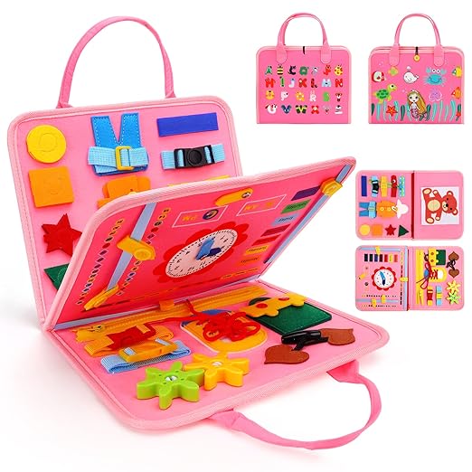 A pink, zippered folder with a handle, featuring various interactive sensory activities for toddlers, including Velcro attachments and colorful designs.