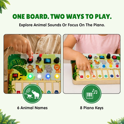 Montessori Jungle Piano-V10: 5-in-1 Wooden Musical Busy Board for Toddlers