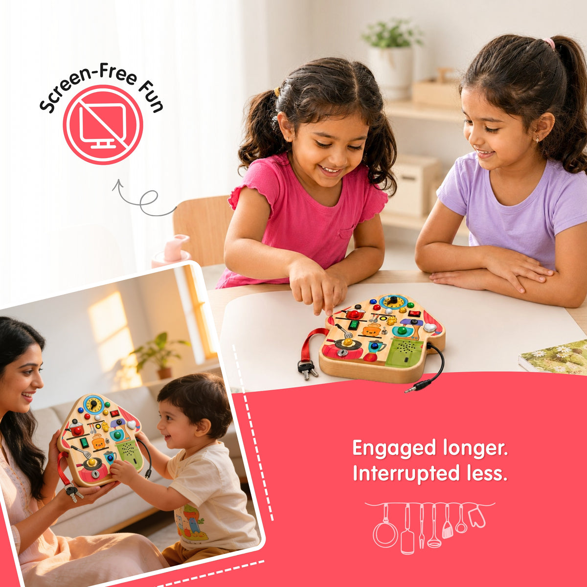 Children playing with educational toys in a home setting, promoting screen-free fun.