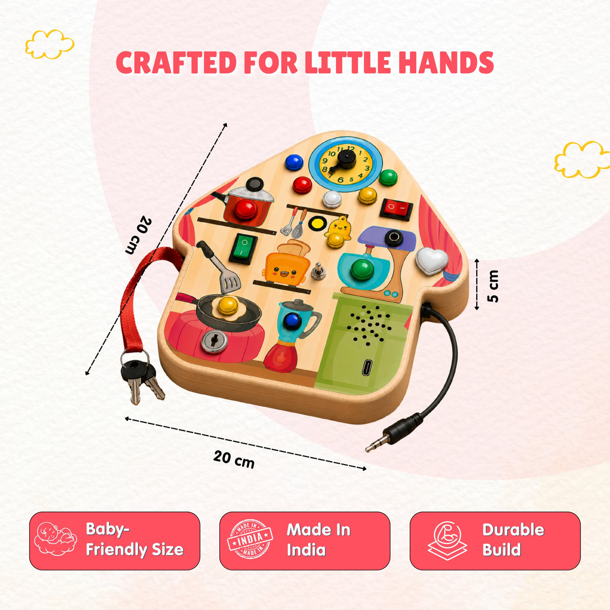Wooden toy with colorful buttons and features, labeled 'Crafted for Little Hands' on a light pink background.