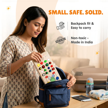 A woman sliding the Beat Maker board into a backpack to show how compact it is