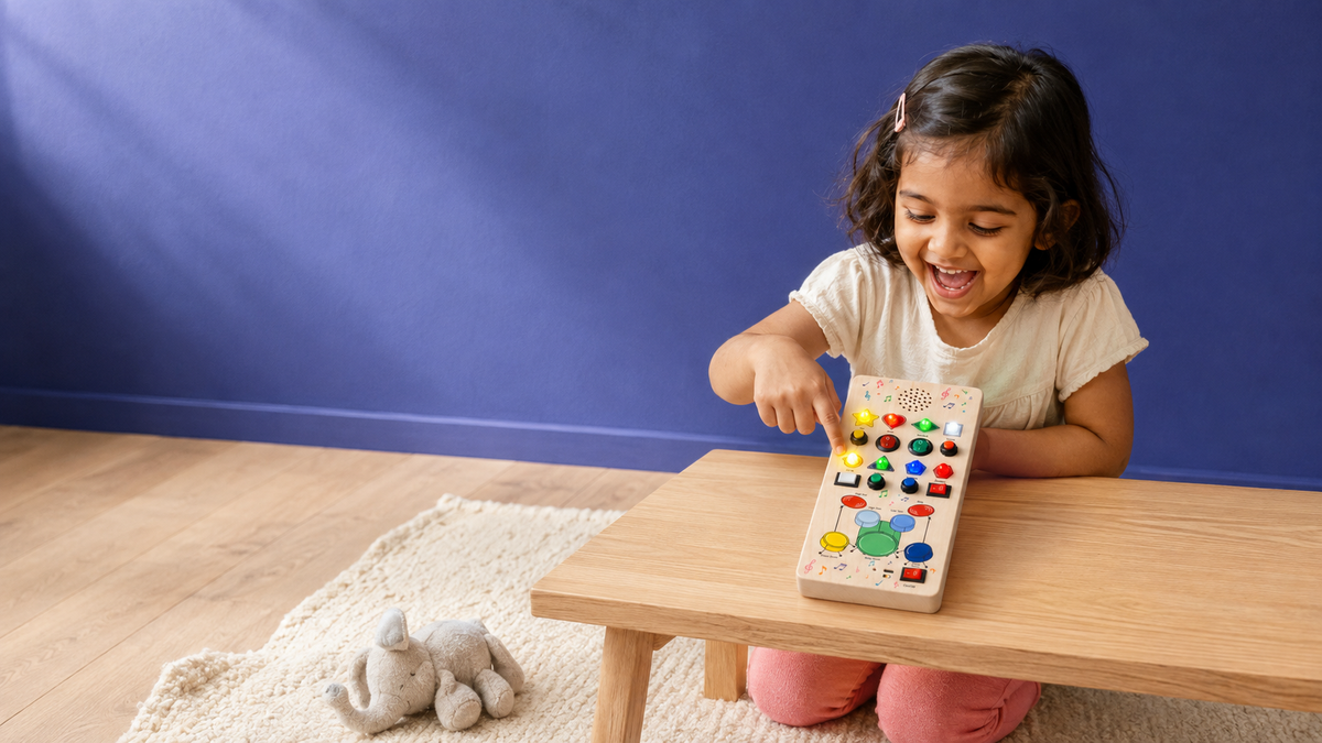 A child absorbed in pressing a button on a Clapstore Beat Maker busy board