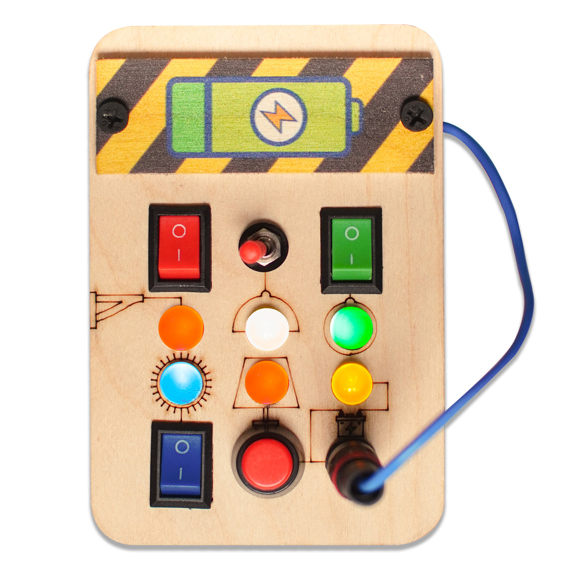 Interactive elements like Spark switches and LED lights highlighted in a close-up of the Montessori Wooden Busy Board for toddlers.