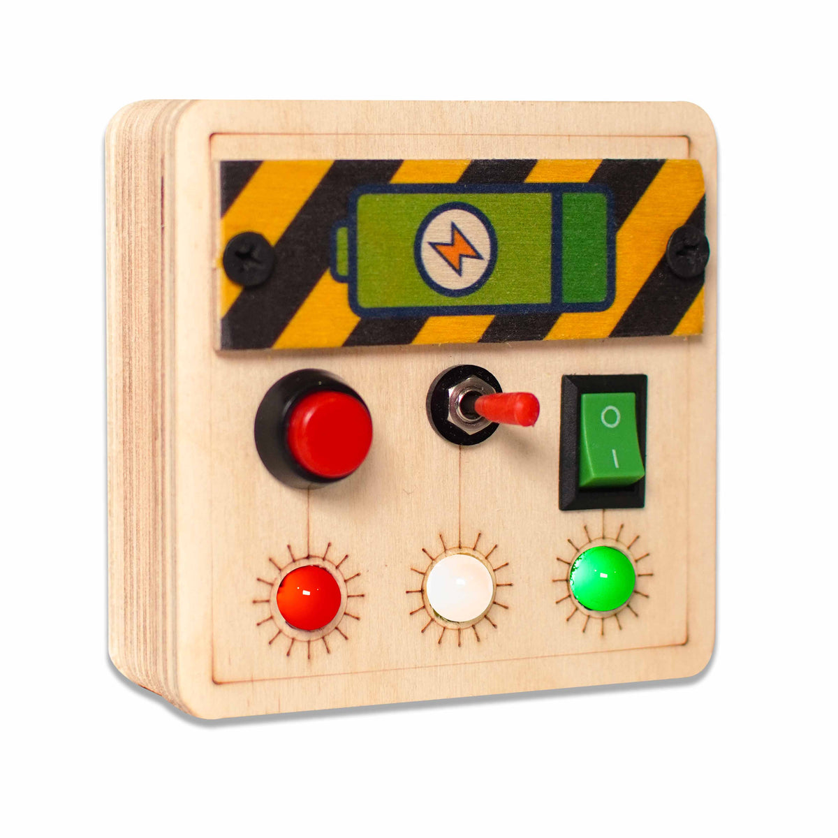 Mini Switch Montessori Busy Board-V4, a small wooden sensory toy featuring screen free and learning toy for kids.