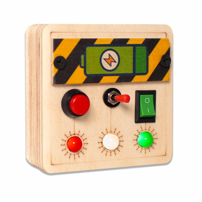 Mini Switch Montessori Busy Board-V4, a small wooden sensory toy featuring screen free and learning toy for kids.