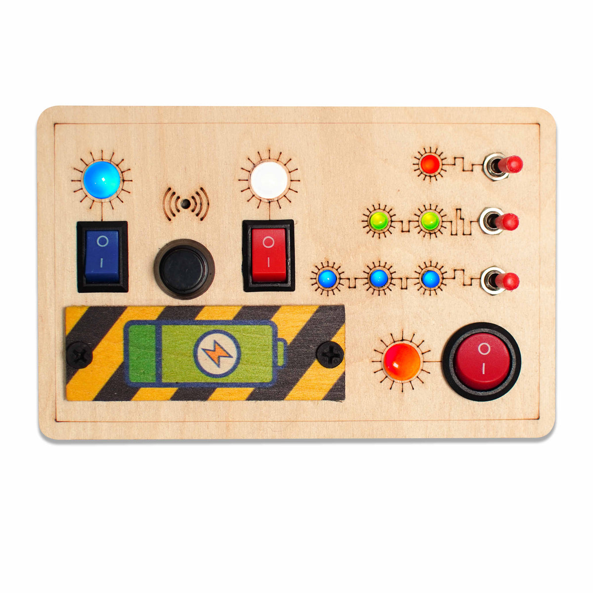 Front view of Montessori Toggle Play  colorful switches and toggles for toddlers.
