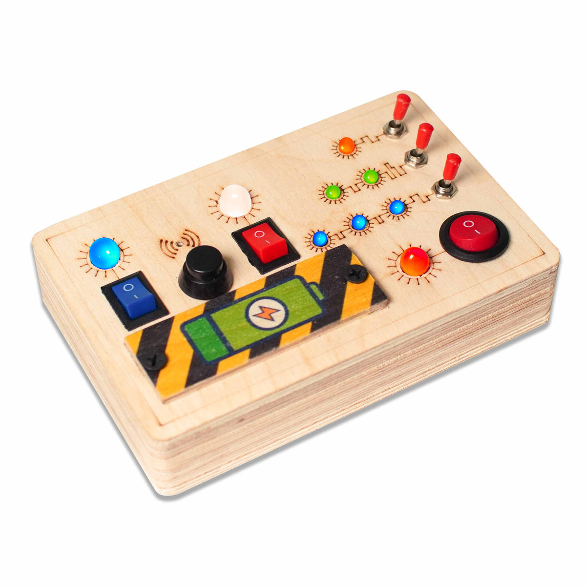 Side view of Montessori Toggle Play Toy for toddlers.
