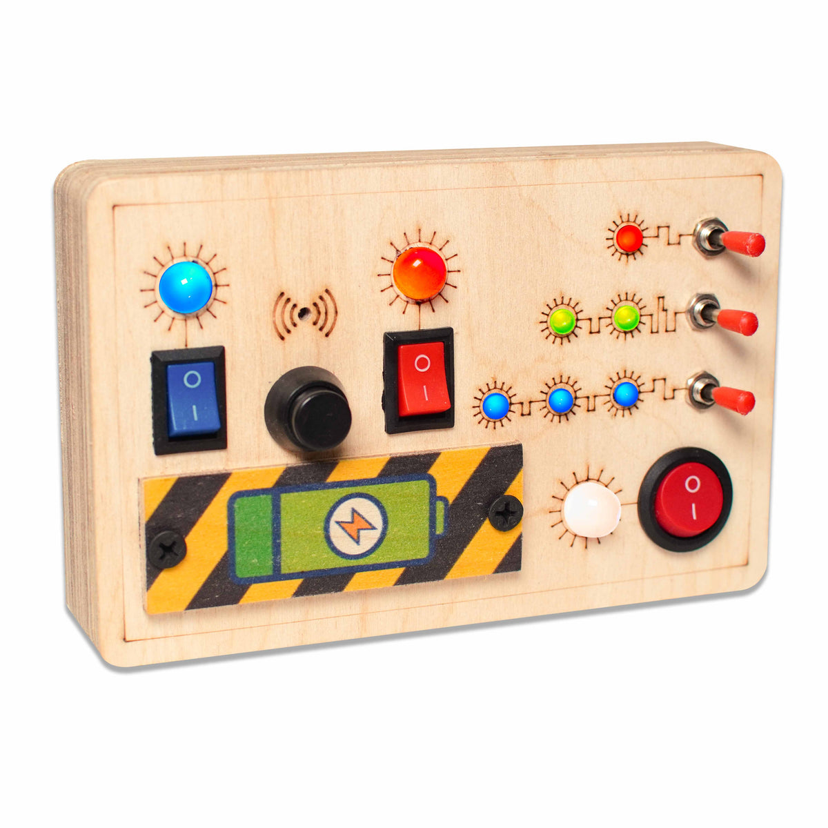 Close-up of interactive elements on Montessori Toggle Play Busy Board for toddler screen free learning.