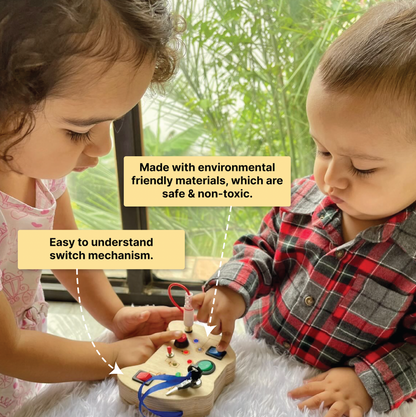 Detail of a child-safe plug style socket component on the wooden board.