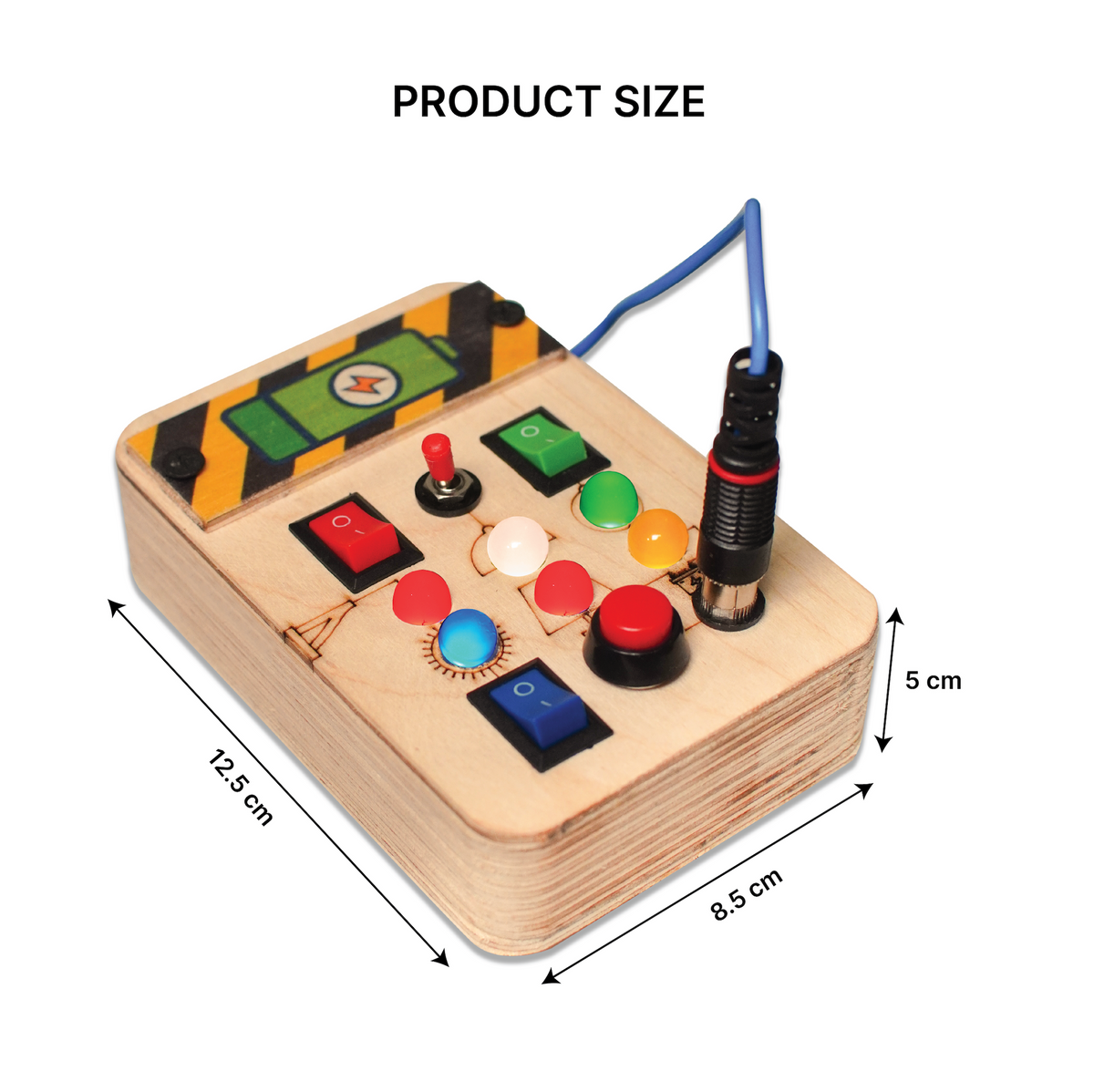 Spark switches and LED lights highlighted in a close-up of the Montessori Wooden Busy Board for toddlers.