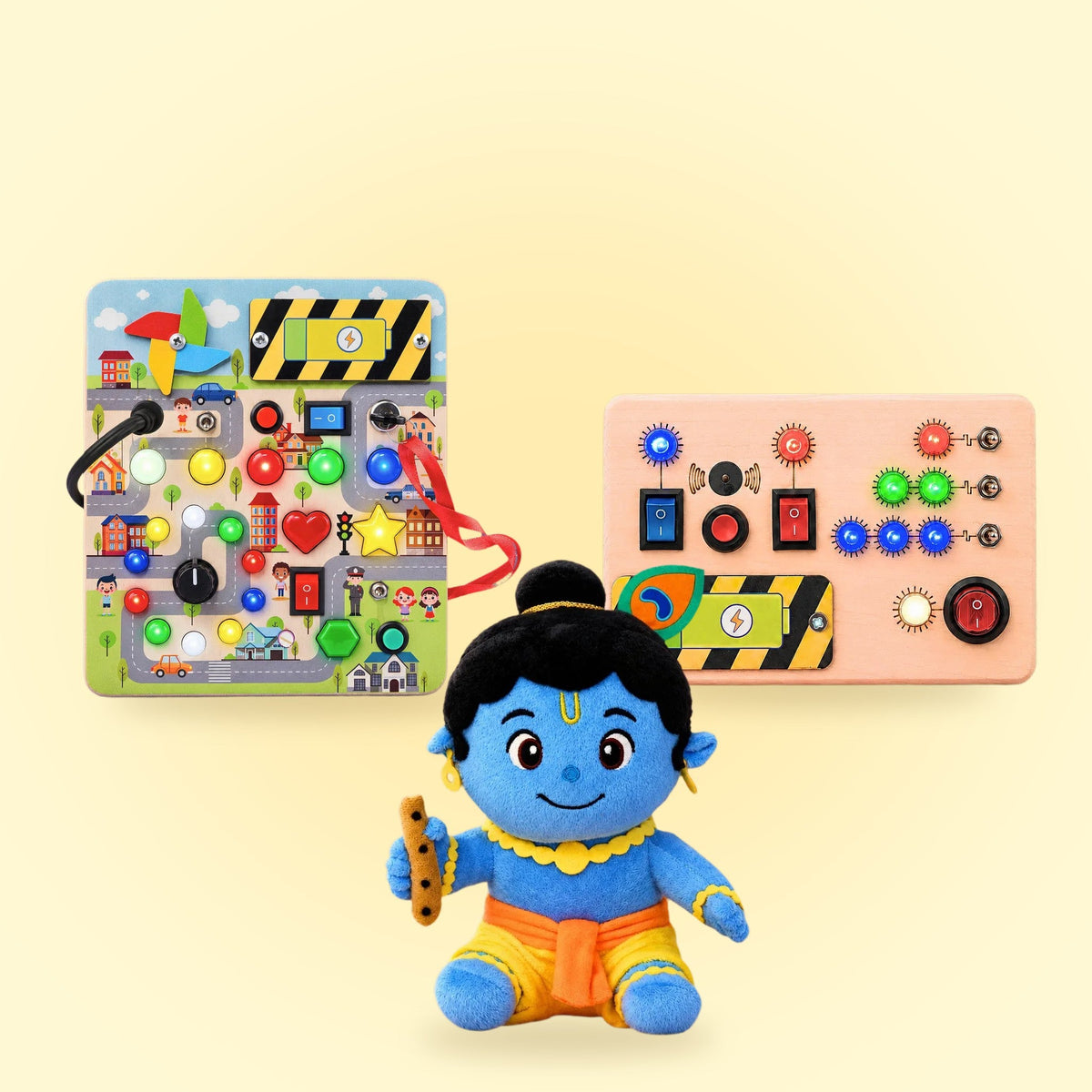 Clapstore Diwali Combo for 1–2 years: City Explorer and Toggle Play busy boards with the Krishna plush
