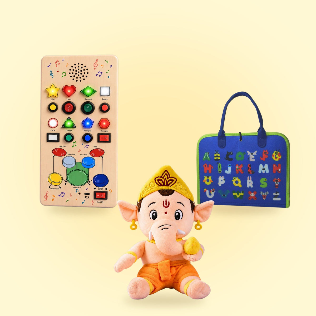 Clapstore Diwali Combo for 2–4 years: Beat Maker busy board, blue Busy Book and the Ganesha plush