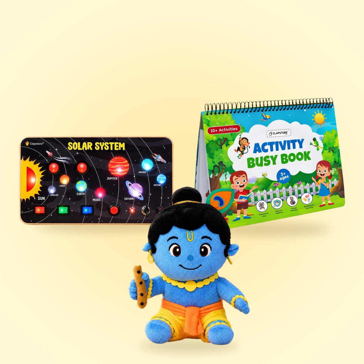 Clapstore Diwali Combo for 3–5 years: Galaxy Explorer busy board, Activity Busy Book and the Krishna plush