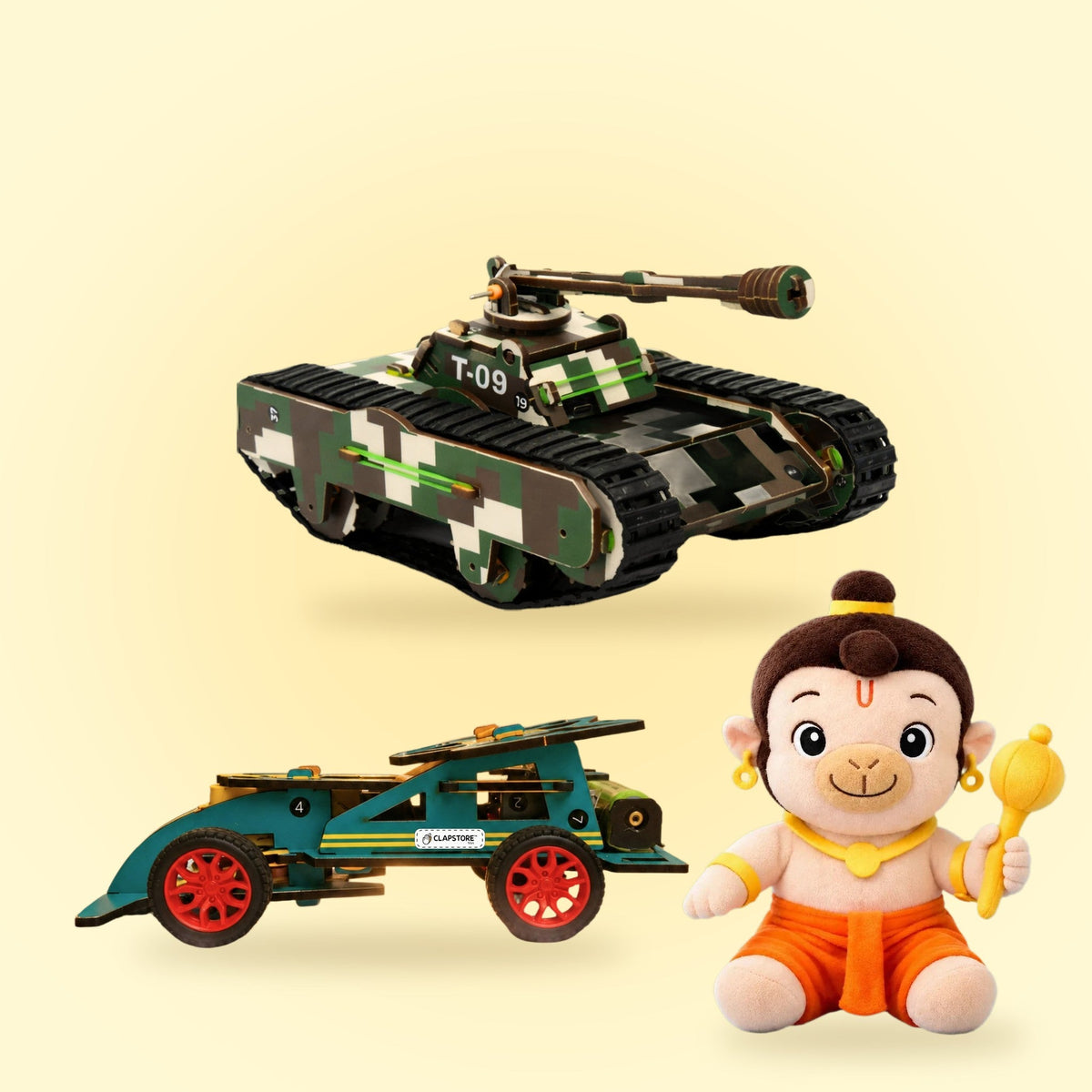 Clapstore Diwali Combo for 6–10 years: DIY army tank and racer car kits with the Hanuman plush