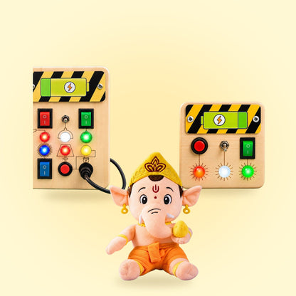 Clapstore Diwali Combo for 6–12 months: Spark Switch and Mini Switch busy boards with the Ganesha plush