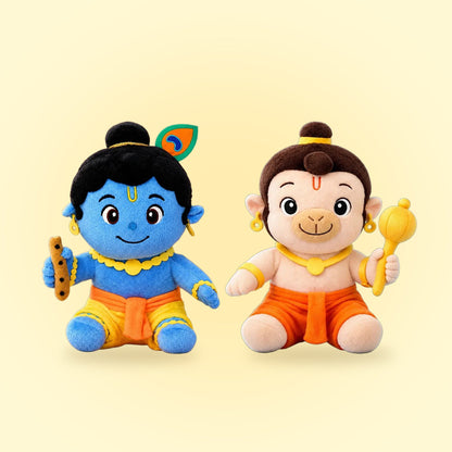 Grandparents' Gift Combo: mantra chanting Krishna and Hanuman plush side by side