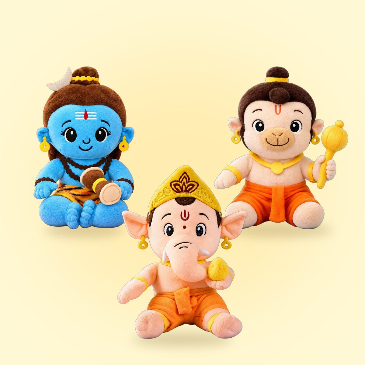 Complete the Mandir Combo: mantra chanting Ganesha, Shiva and Hanuman plush together (Krishna not included)