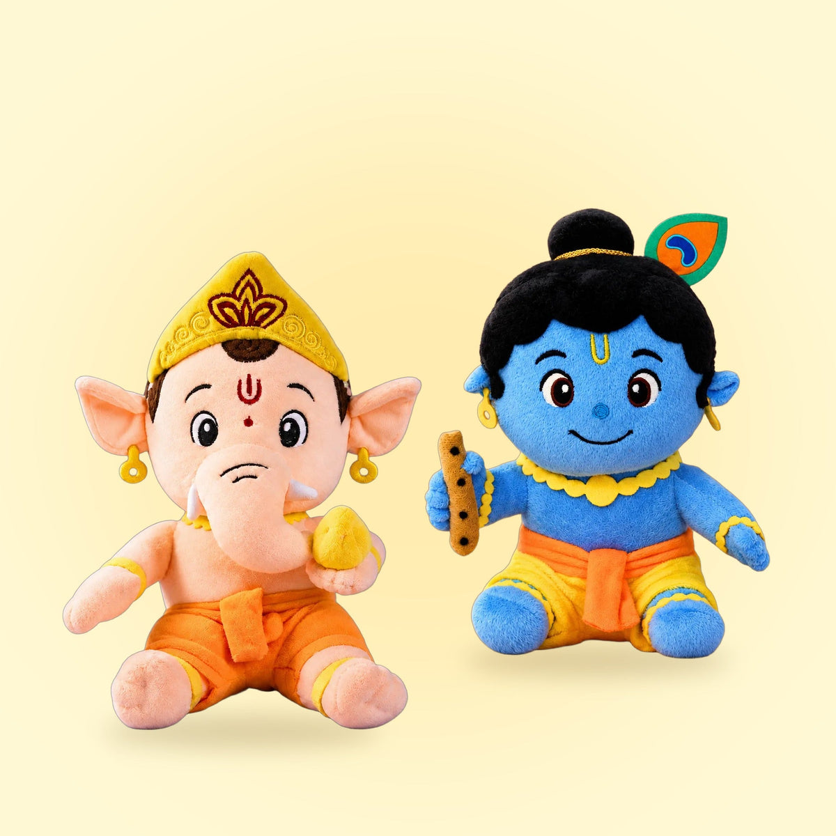 Diwali Puja Combo: mantra chanting Ganesha and Krishna plush side by side