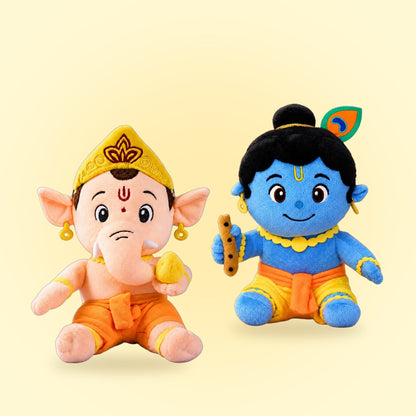 Diwali Puja Combo: mantra chanting Ganesha and Krishna plush side by side