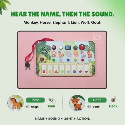 Montessori Jungle Piano-V10: 5-in-1 Wooden Musical Busy Board for Toddlers