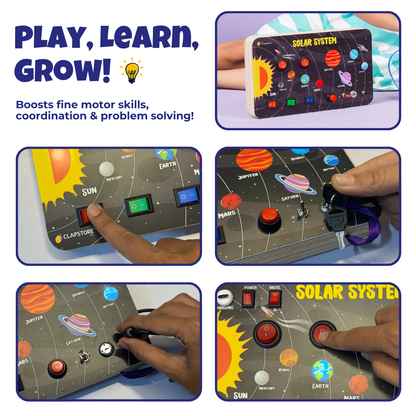 Galaxy Solar System Wooden Busy Board image shows how to handle boards.