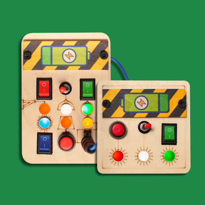 Montessori Spark Switch and Mini Switch Busy Boards displayed side by side, illustrating the comprehensive set for toddlers.