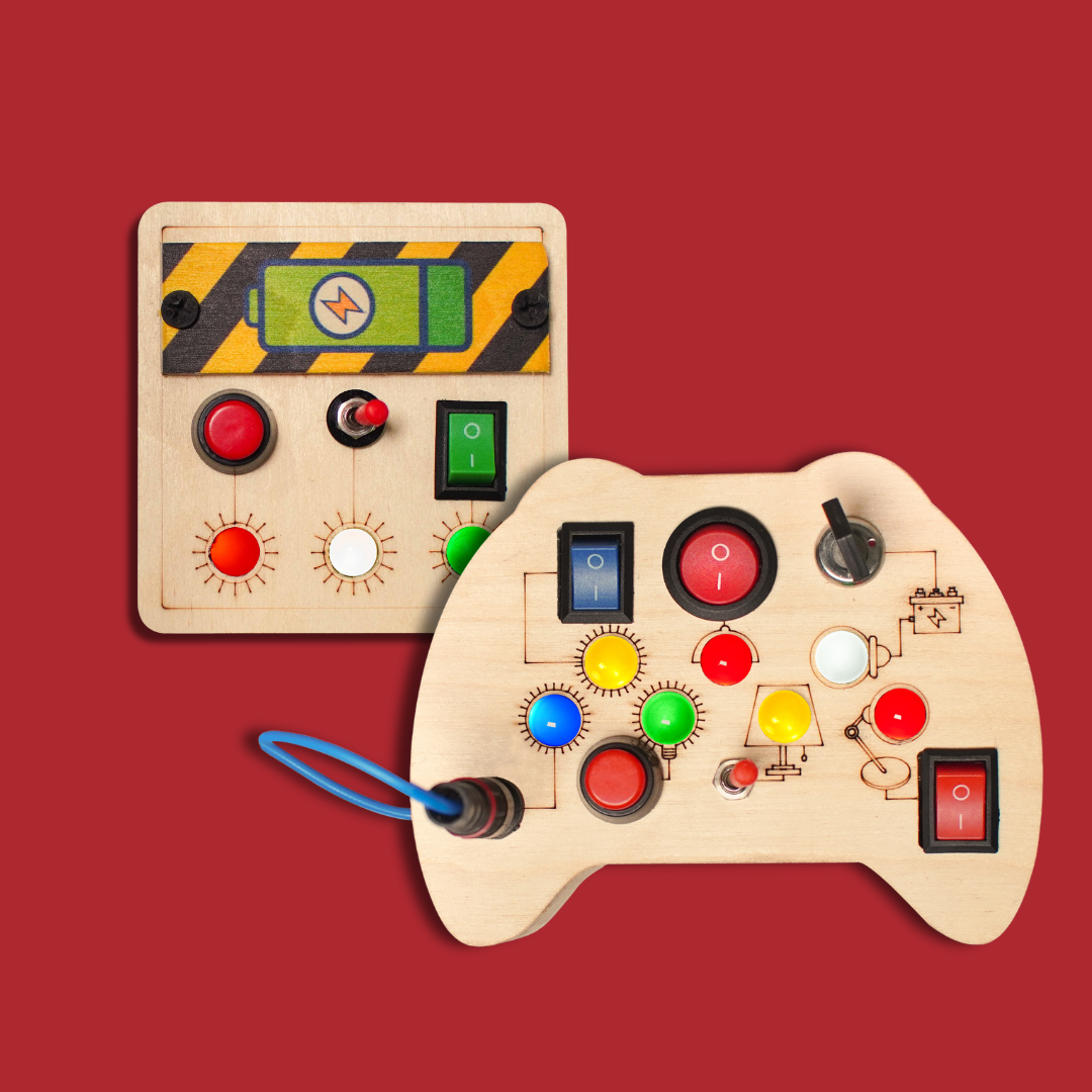 Montessori Tinker Pad and Mini Switch Busy Boards displayed side by side, illustrating the comprehensive set for toddlers.