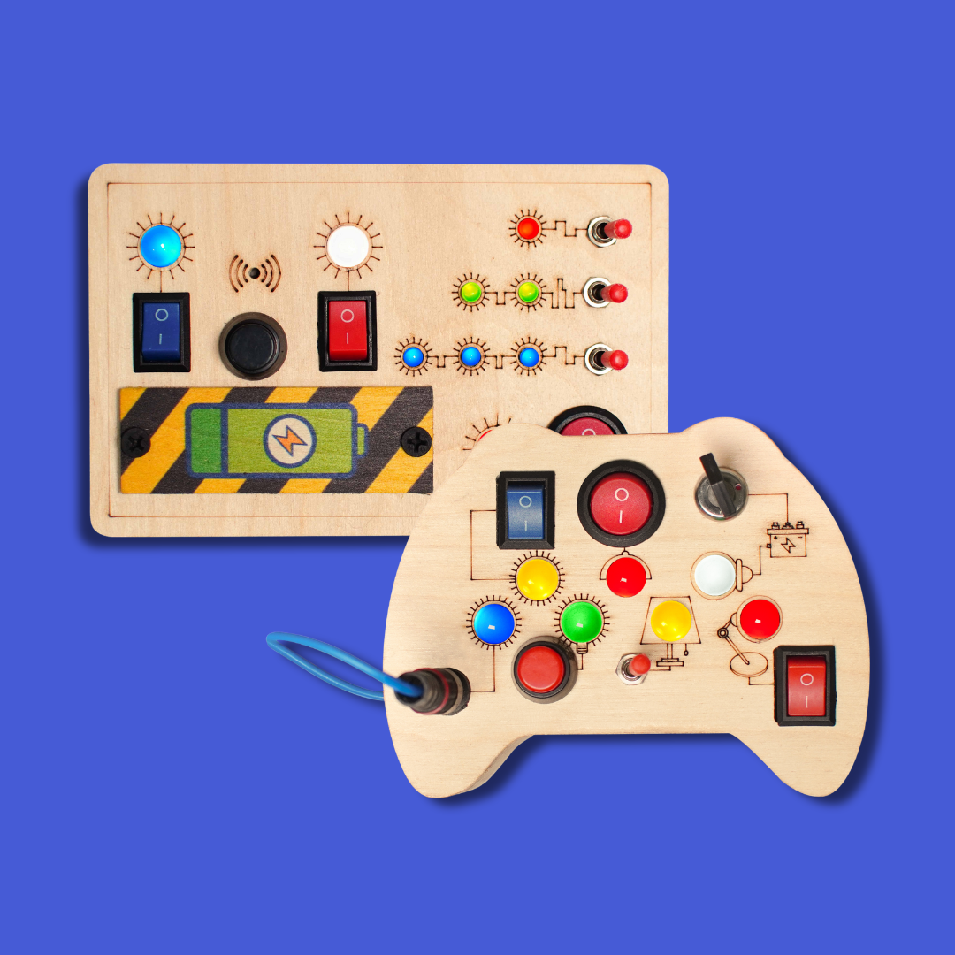 Wooden combo of Toggle Play and Tinker Pad Montessori busy board with switches, buttons, and LED lights, designed to engage toddlers.