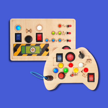 Wooden combo of Toggle Play and Tinker Pad Montessori busy board with switches, buttons, and LED lights, designed to engage toddlers.