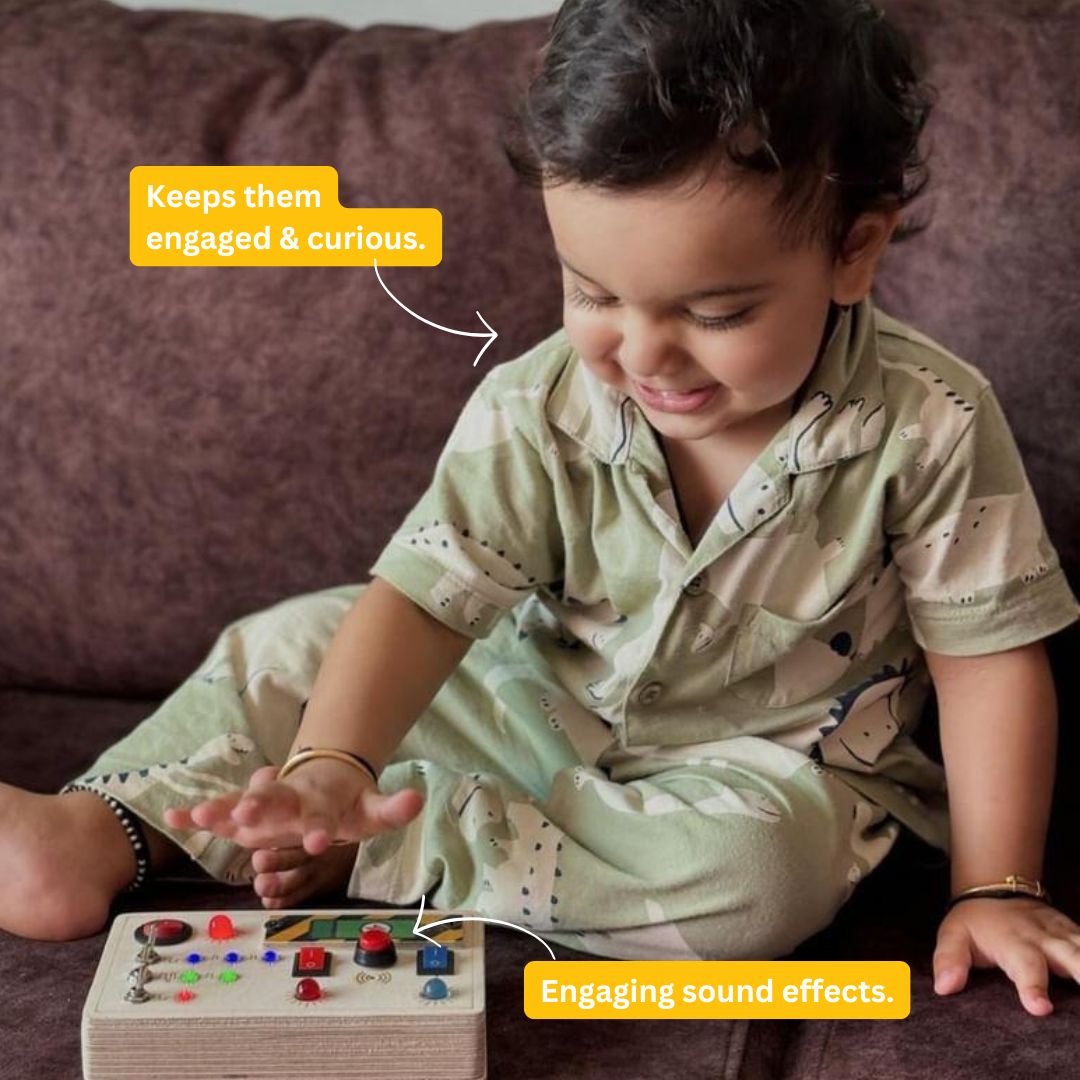Montessori portable busy board keeps child busy.