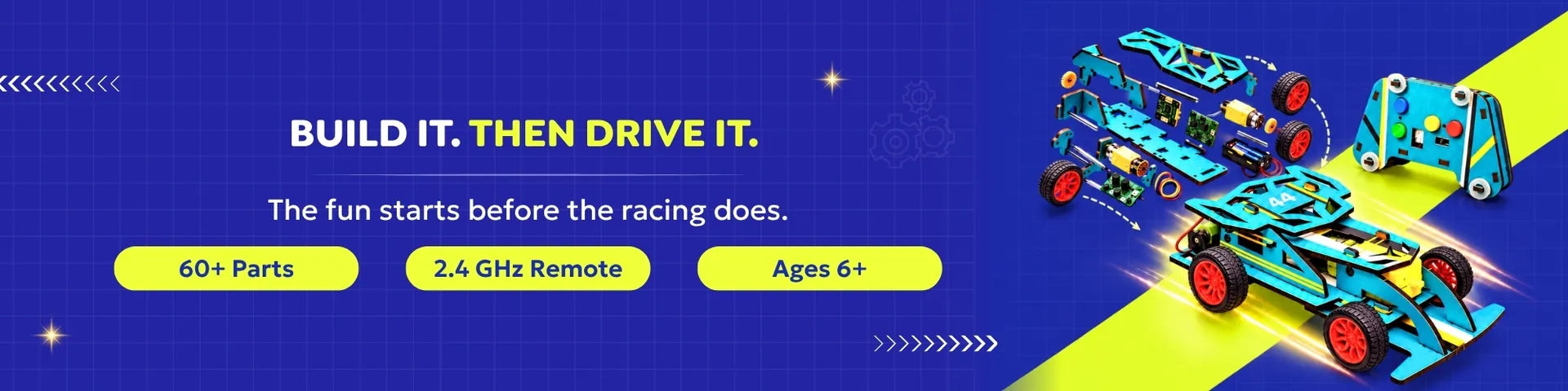 Think Smiths: build it, then drive it. DIY RC kits with 60+ parts, ages 6+
